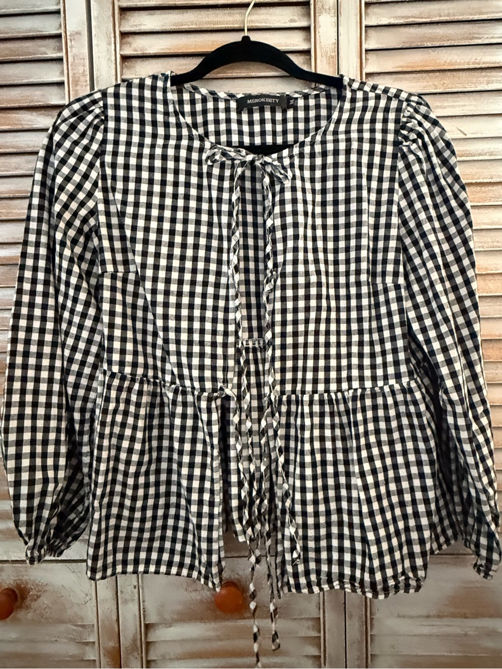 Black and White Gingham Tie-Front Peplum Blouse